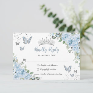 Tarjeta De Confirmación De Asistencia Bebé Azul Floral Mariposas Plata Quinceañera