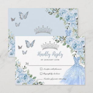 Tarjeta De Confirmación De Asistencia Bebé Azul Floral Princesa Vestido Plata Quinceañer