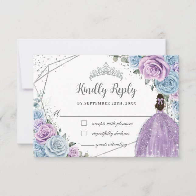 Tarjeta De Confirmación De Asistencia Bebé Azul Púrpura Lilac Floral Plata Quinceañera (Anverso)