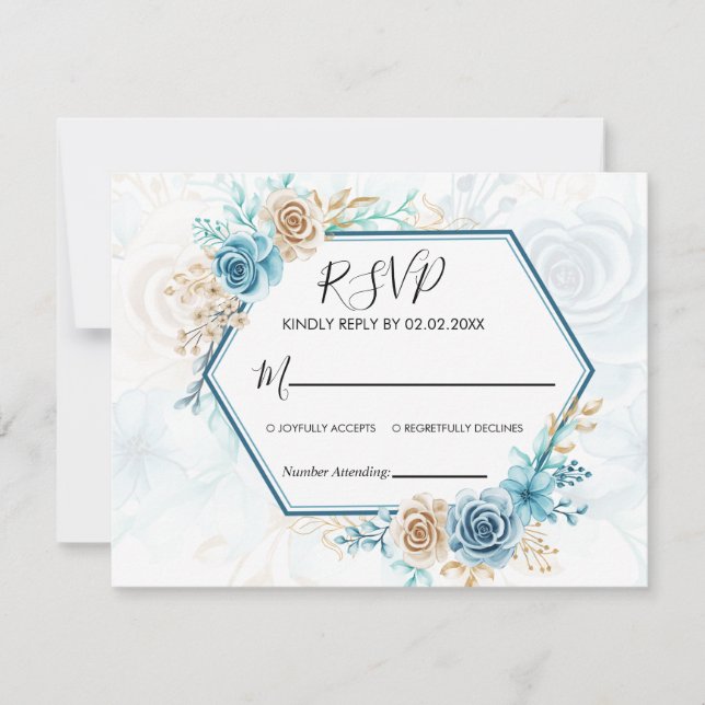 Tarjeta De Confirmación De Asistencia Beige blue Elegant Floral Wedding (Anverso)