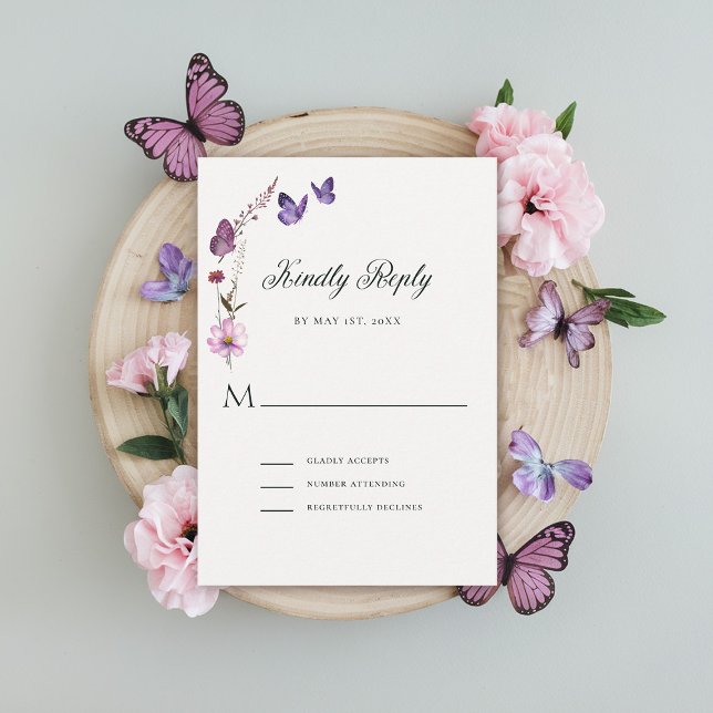 Tarjeta De Confirmación De Asistencia Besados de mariposa, ducha salvaje de bebé morada  (butterflies wildflowers rsvp card baby shower bridal wedding birthday party spring summer garden)