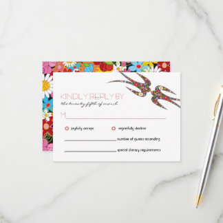 Tarjeta De Confirmación De Asistencia Besándose golondrinas y Boda de flores de primaver