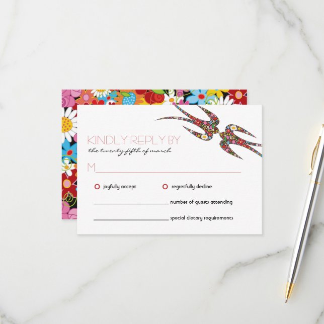 Tarjeta De Confirmación De Asistencia Besándose golondrinas y Boda de flores de primaver (Anverso/Reverso In Situ)