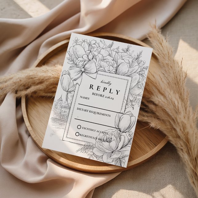 Tarjeta De Confirmación De Asistencia Black and White Floral Bow Wedding (Subido por el creador)