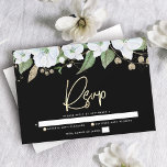 Tarjeta De Confirmación De Asistencia Black Bat Mitzvah Gold Script acuarela floral<br><div class="desc">Estar orgulloso, regocijarse y celebrar este hito de su Bat Mitzvah favorito con esta sofisticada y personalizada tarjeta de inserción RSVP para su evento! Una moda, impresionante, blanca y dorada purpurina acuarela floral con una tipografía de escritura de Relieve metalizado de oro falsa y tipo san serif blanco, sobrepone un...</div>