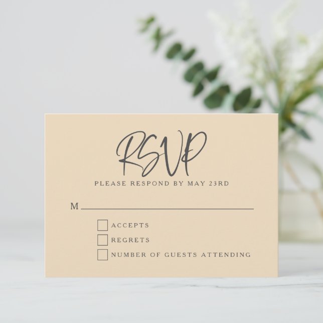Tarjeta De Confirmación De Asistencia Black Beige Modern Script Lettering Wedding (Anverso de pie)