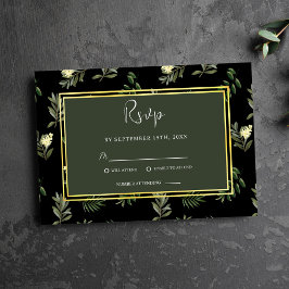 Tarjeta De Confirmación De Asistencia Black Botanical Modern Rustic Elegant Wedding