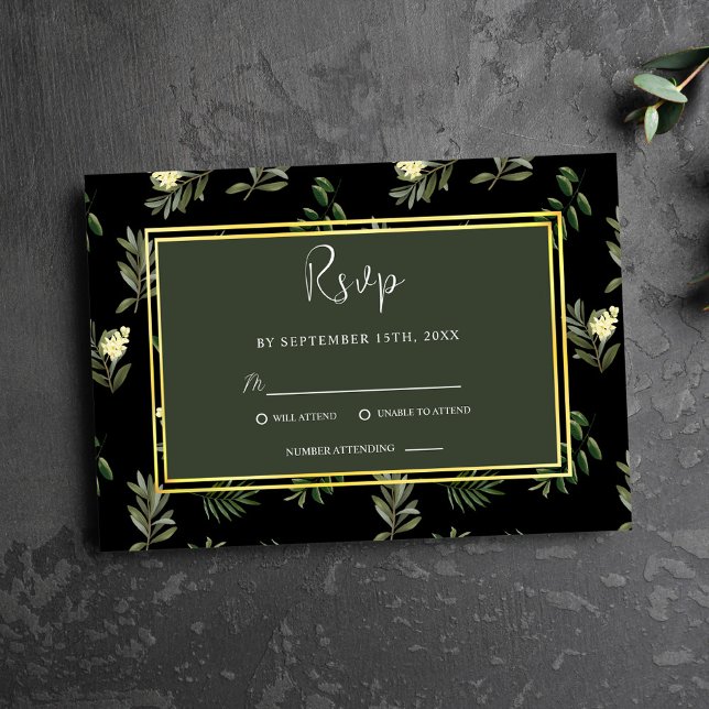 Tarjeta De Confirmación De Asistencia Black Botanical Modern Rustic Elegant Wedding (Black Botanical Modern Rustic Elegant Wedding RSVP Card)