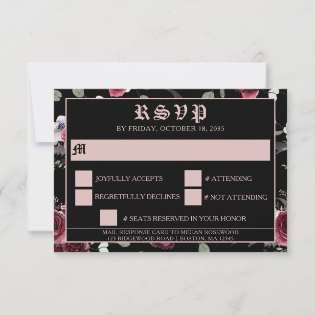 Tarjeta De Confirmación De Asistencia Black Elegic Gótico Bat and Rosa (Anverso)