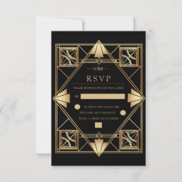 Tarjeta De Confirmación De Asistencia Black & Gold Art Deco Geometric Wedding 