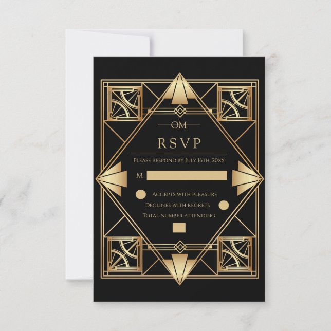 Tarjeta De Confirmación De Asistencia Black & Gold Art Deco Geometric Wedding  (Anverso)