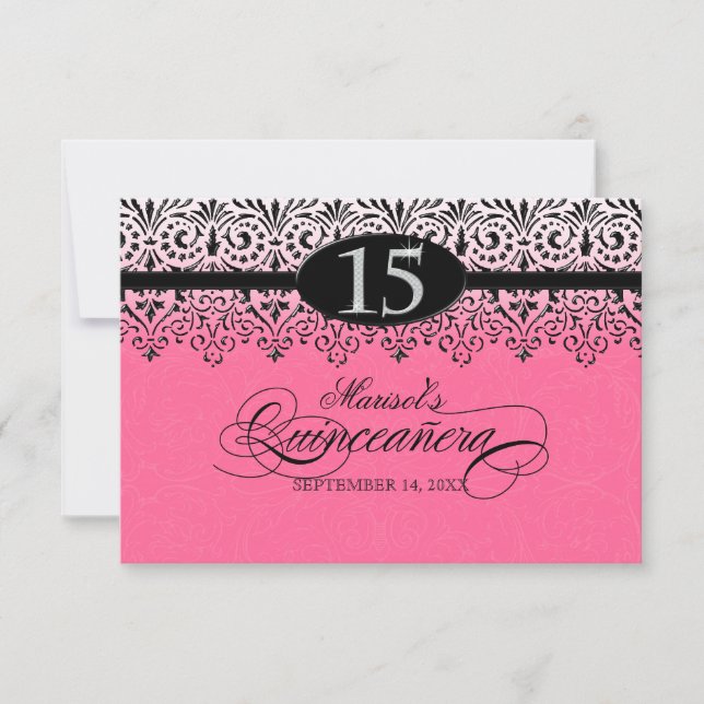 Tarjeta De Confirmación De Asistencia Black n White Lace Look Silver 15.ª Quinceanera (Anverso)