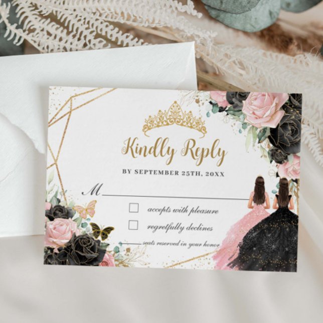 Tarjeta De Confirmación De Asistencia Black Pink Floral Princess Twins Quinceañera Reply (Subido por el creador)