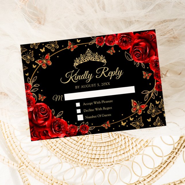 Tarjeta De Confirmación De Asistencia Black Red Gold Quinceanera Reply (Subido por el creador)
