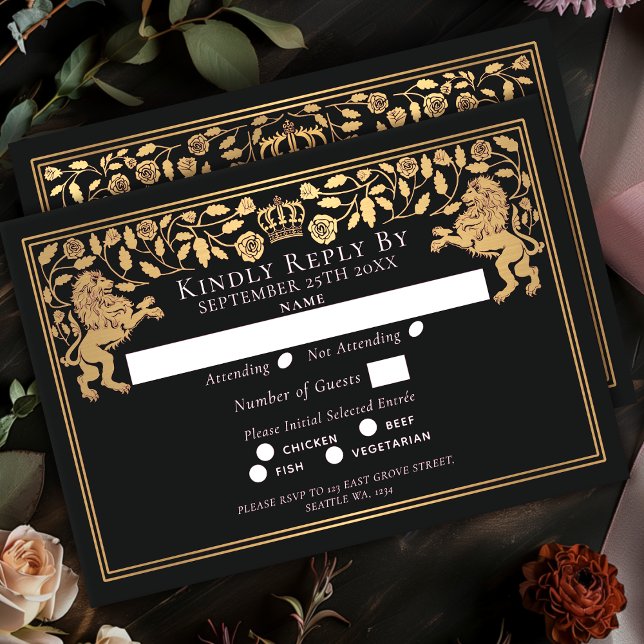 Tarjeta De Confirmación De Asistencia Black Royal Medieval Lion Wedding (Subido por el creador)
