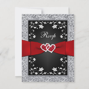 Tarjeta De Confirmación De Asistencia Black Silver Floral Hearts FAUX Relieve metalizado