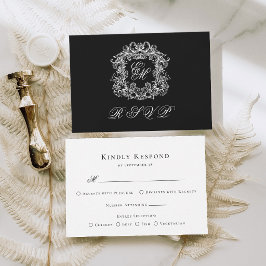 Tarjeta De Confirmación De Asistencia Black White Monogram Crest Elegant Wedding