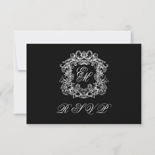 Tarjeta De Confirmación De Asistencia Black White Monogram Crest Elegant Wedding (Anverso)