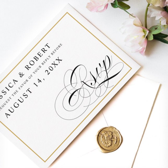 Tarjeta De Confirmación De Asistencia Blanco y negro con Boda de oro sólido (Subido por el creador)