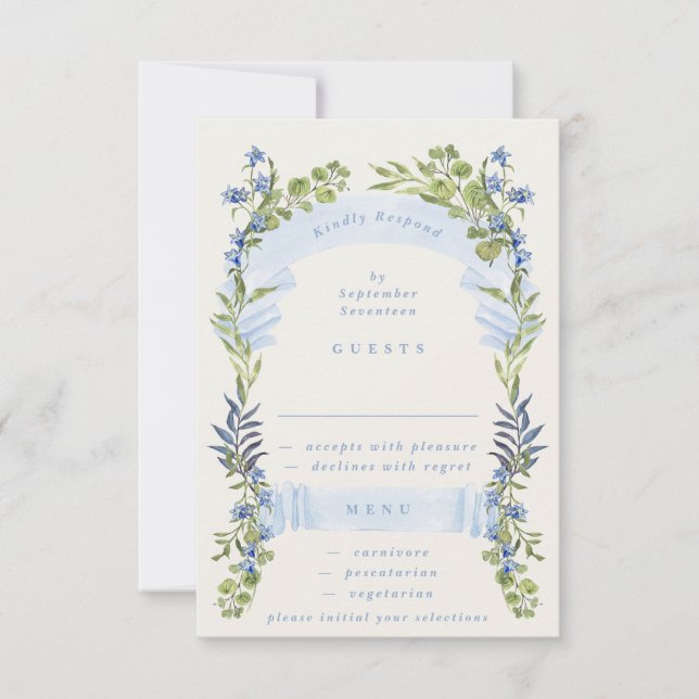 Tarjeta De Confirmación De Asistencia blue and greenery spring elegant wedding (Anverso)