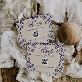 Tarjeta De Confirmación De Asistencia Blue Beige Floral Wedding QR
