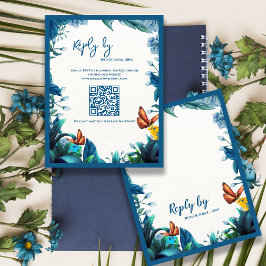 Tarjeta De Confirmación De Asistencia Blue Botanical Butterfly QR Code Wedding reply By