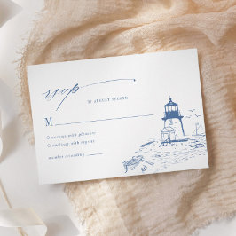 Tarjeta De Confirmación De Asistencia Blue Coastal Lighthouse Toile Wedding