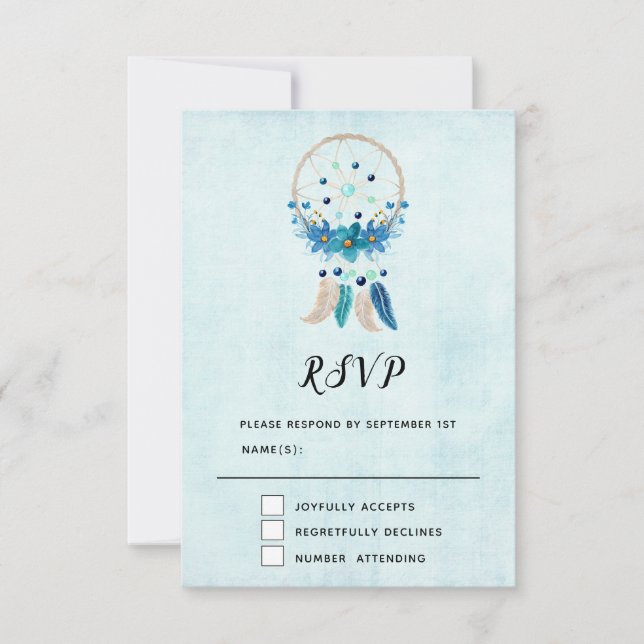 Tarjeta De Confirmación De Asistencia Blue Dreamcatcher con flores y plumas (Anverso)