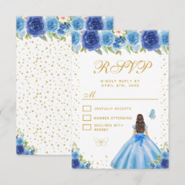 Tarjeta De Confirmación De Asistencia Blue Floral Brunette Hair Princess Sweet Sixteen