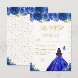Tarjeta De Confirmación De Asistencia Blue Floral Dark Skin Princess Sweet Sixteen