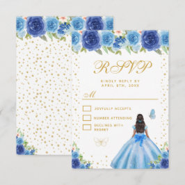 Tarjeta De Confirmación De Asistencia Blue Floral Dark Skin Princess Sweet Sixteen