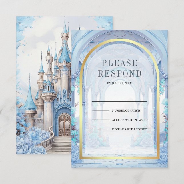 Tarjeta De Confirmación De Asistencia Blue Floral Fairytale Castle Wedding (Anverso / Reverso)