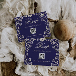 Tarjeta De Confirmación De Asistencia Blue Floral Wedding QR