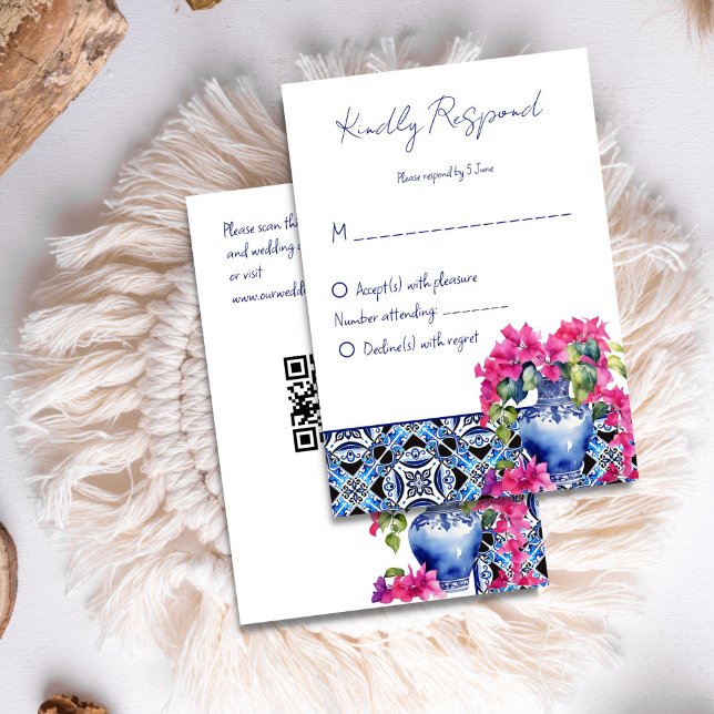 Tarjeta De Confirmación De Asistencia Blue French Tiles Bougainvillea boda elegante (Blue French Tiles Bougainvillea elegant wedding RSVP Card)