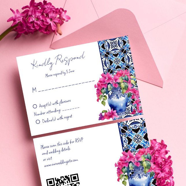 Tarjeta De Confirmación De Asistencia Blue French Tiles Bougainvillea boda elegante (Blue French Mediterranean Majolica Azulejo Tiles Bougainvillea vase elegant wedding QR RSVP Card)