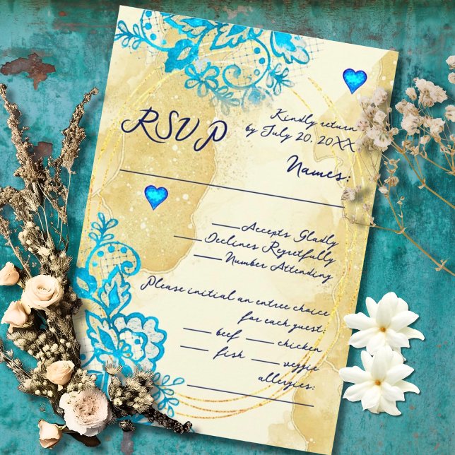 Tarjeta De Confirmación De Asistencia Blue Heart Baroque Gold Lace Mexican Wedding (Classic Baroque charm glows with blue hearts and intricate floral flourishes.)