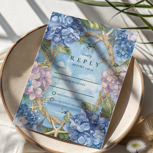 Tarjeta De Confirmación De Asistencia Blue Hydrangea Coastal Rope Wedding (Subido por el creador)