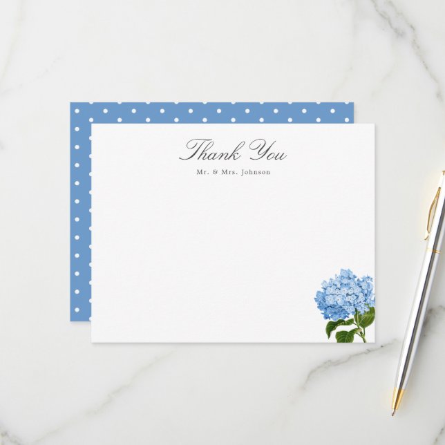 Tarjeta De Confirmación De Asistencia Blue Hydrangea Custom Name Thank You Flat Card (Anverso/Reverso In Situ)