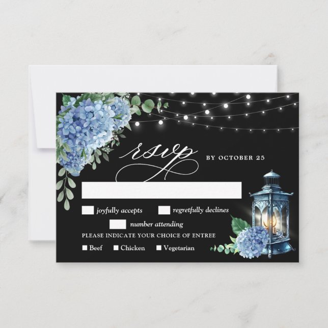 Tarjeta De Confirmación De Asistencia Blue Hydrangea Lantern Black Boho Boda (Anverso)