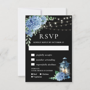 Tarjeta De Confirmación De Asistencia Blue Hydrangea Lantern Black Boho Boda
