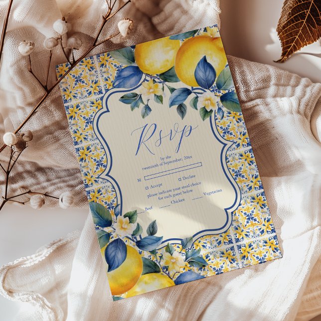 Tarjeta De Confirmación De Asistencia Blue Mediterranean Italiano Tile & Lemon Boda (Subido por el creador)