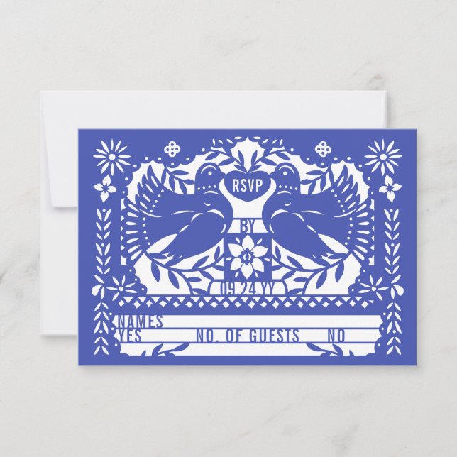 Tarjeta De Confirmación De Asistencia Blue Mexican Fantail Doves Papel Picado (Anverso)