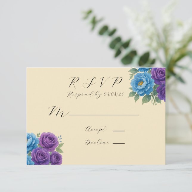 Tarjeta De Confirmación De Asistencia Blue Peony y Fig Purple Rosa Boda (Anverso de pie)