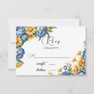 Tarjeta De Confirmación De Asistencia Blue Peony y Yellow Daisies Boda