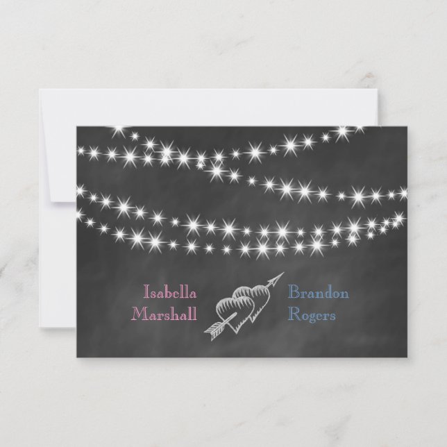 Tarjeta De Confirmación De Asistencia Blue & Pink Blackboard Twinkle Lights RSVP. (Anverso)