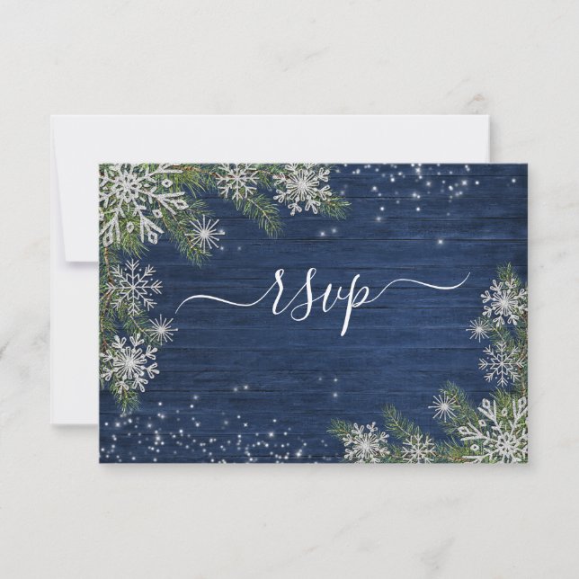 Tarjeta De Confirmación De Asistencia Blue Silver Wind Wood Plaid Rustic Boda +Menú (Anverso)