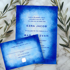 Tarjeta De Confirmación De Asistencia Blue Watercolor Custom Bar Bat Mitzvah