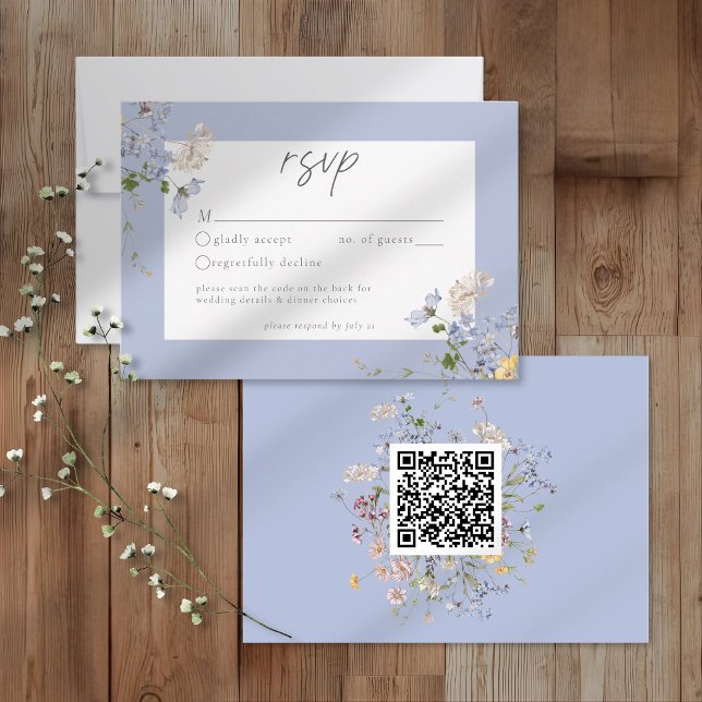Tarjeta De Confirmación De Asistencia Blue Wildflower Garden Elegant Wedding QR (Subido por el creador)