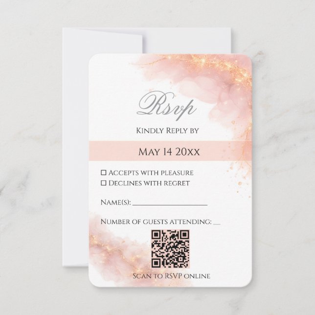 Tarjeta De Confirmación De Asistencia Blush Gold QR  Sparkle Romantic Wedding Elegance (Anverso)