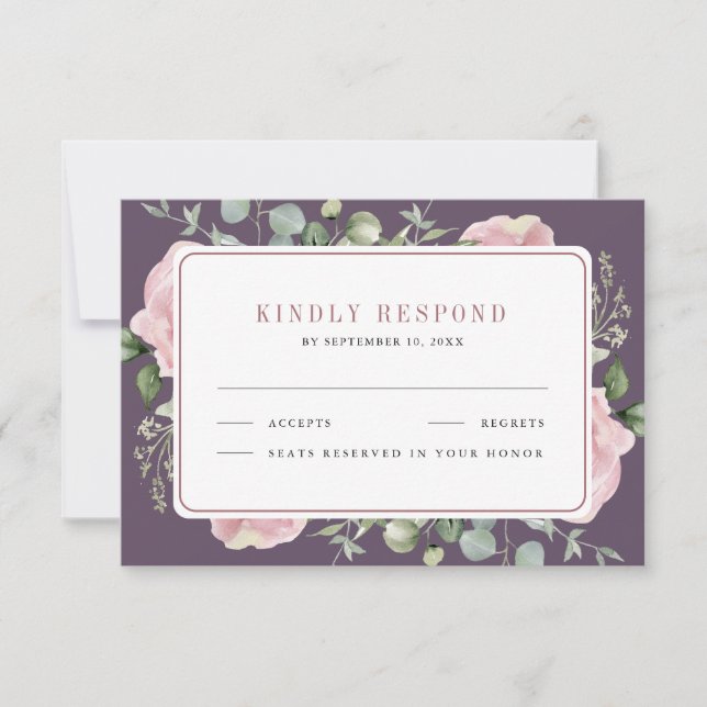 Tarjeta De Confirmación De Asistencia Blush Pink Floral Eucalyptus Dusty Purple Wedding (Anverso)